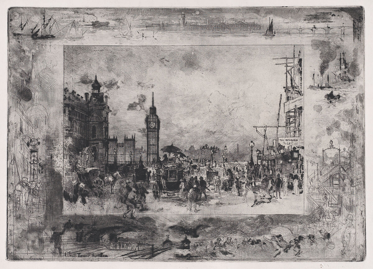 Westminster Bridge, or Westminster Clock Tower, Félix-Hilaire Buhot (French, Valognes 1847–1898 Paris), Etching, drypoint, aquatint and roulette; seventh state of eight 