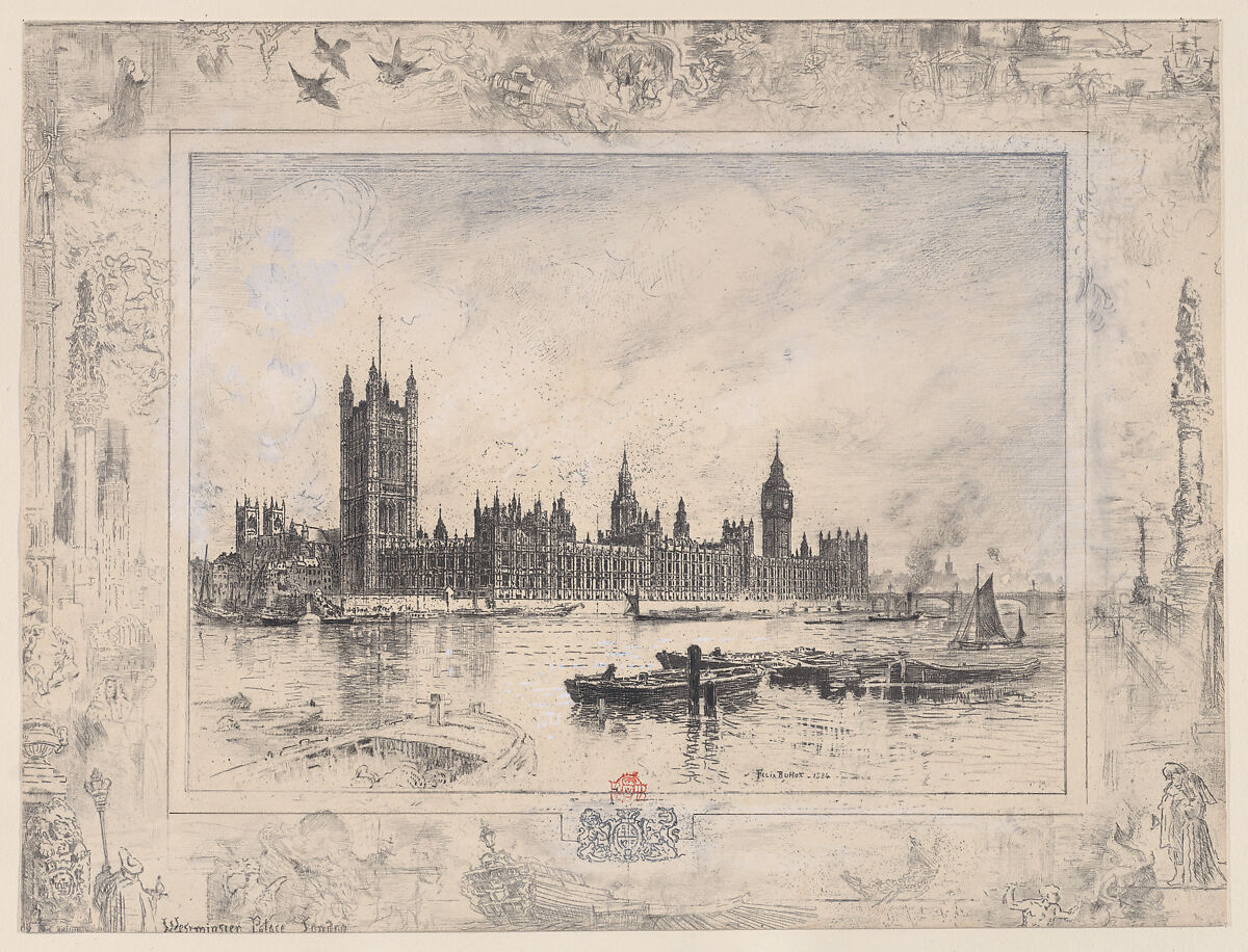 Westminster Palace, Félix-Hilaire Buhot (French, Valognes 1847–1898 Paris), Etching with gouache; fourth state of seven 