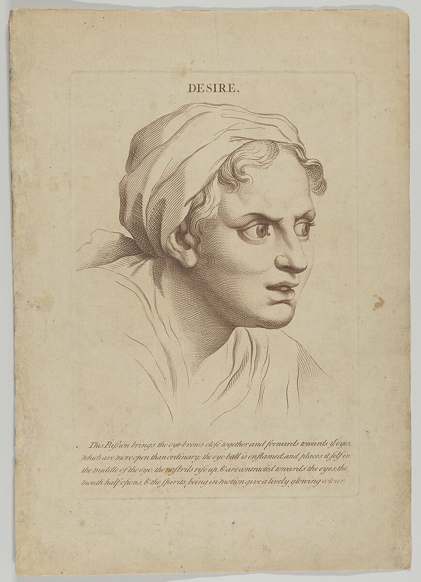 Desire, plate 8 from "Heads Representing the Various Passions of the Soul; as they are Expressed in the Human Countenance: Drawn by that Great Master Monsieur Le Brun", Anonymous, British, 18th century, Engraving with etching 