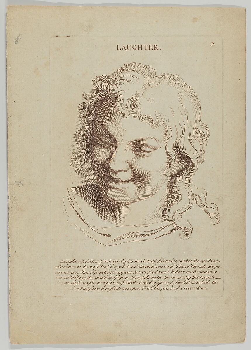 Laughter, plate 10 from "Heads Representing the Various Passions of the Soul; as they are Expressed in the Human Countenance: Drawn by that Great Master Monsieur Le Brun", Anonymous, British, 18th century, Engraving with etching 