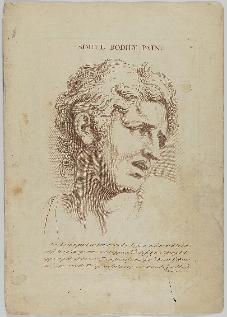 Simple Bodily Pain, plate 12 from "Heads Representing the Various Passions of the Soul; as they are Expressed in the Human Countenance: Drawn by that Great Master Monsieur Le Brun", Anonymous, British, 18th century, Engraving with etching 
