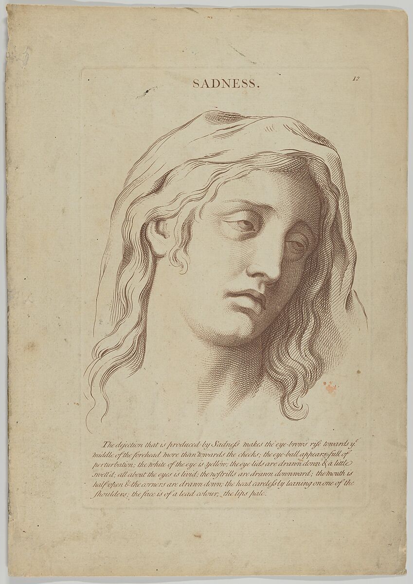 Sadness, plate 13 from "Heads Representing the Various Passions of the Soul; as they are Expressed in the Human Countenance: Drawn by that Great Master Monsieur Le Brun", Anonymous, British, 18th century, Engraving with etching 