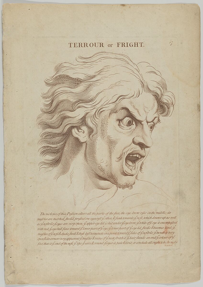 Terrour or Fright, plate 18 from "Heads Representing the Various Passions of the Soul; as they are Expressed in the Human Countenance: Drawn by that Great Master Monsieur Le Brun", Anonymous, British, 18th century, Engraving with etching 