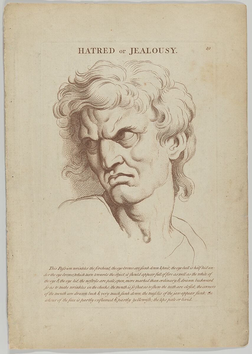 Hatred or Jealousy, plate 20 from "Heads Representing the Various Passions of the Soul; as they are Expressed in the Human Countenance: Drawn by that Great Master Monsieur Le Brun", Anonymous, British, 18th century, Engraving with etching 