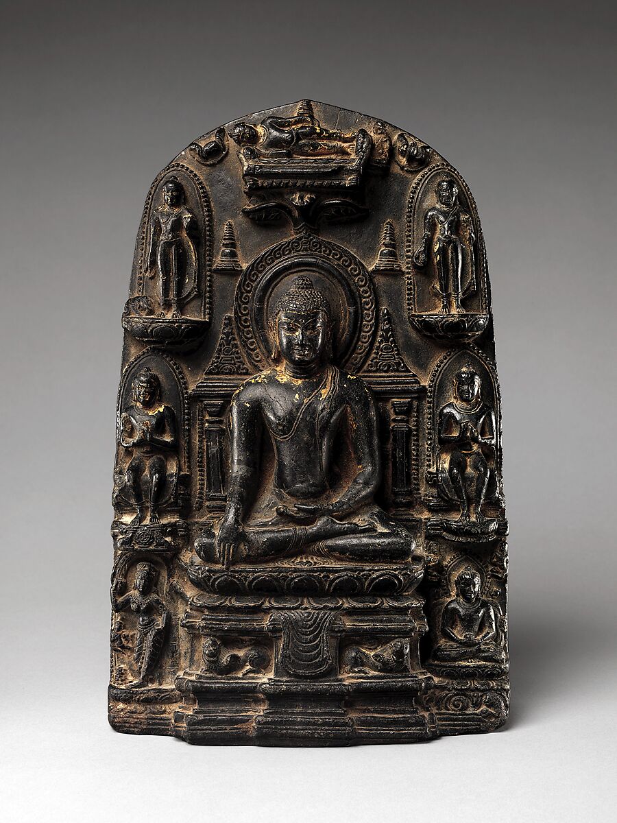 Stele with Eight Great Events from the Life of the Buddha, Black schist with traces of gilding, India, Bihar, possibly from Nalanda 