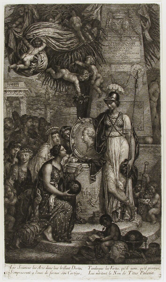 The Arts and Sciences Honoring Their Protector Charles-Theodore, Count Palatine, Joseph Fratrel (French, Epinal 1730–1783 Mannheim), Etching; first state