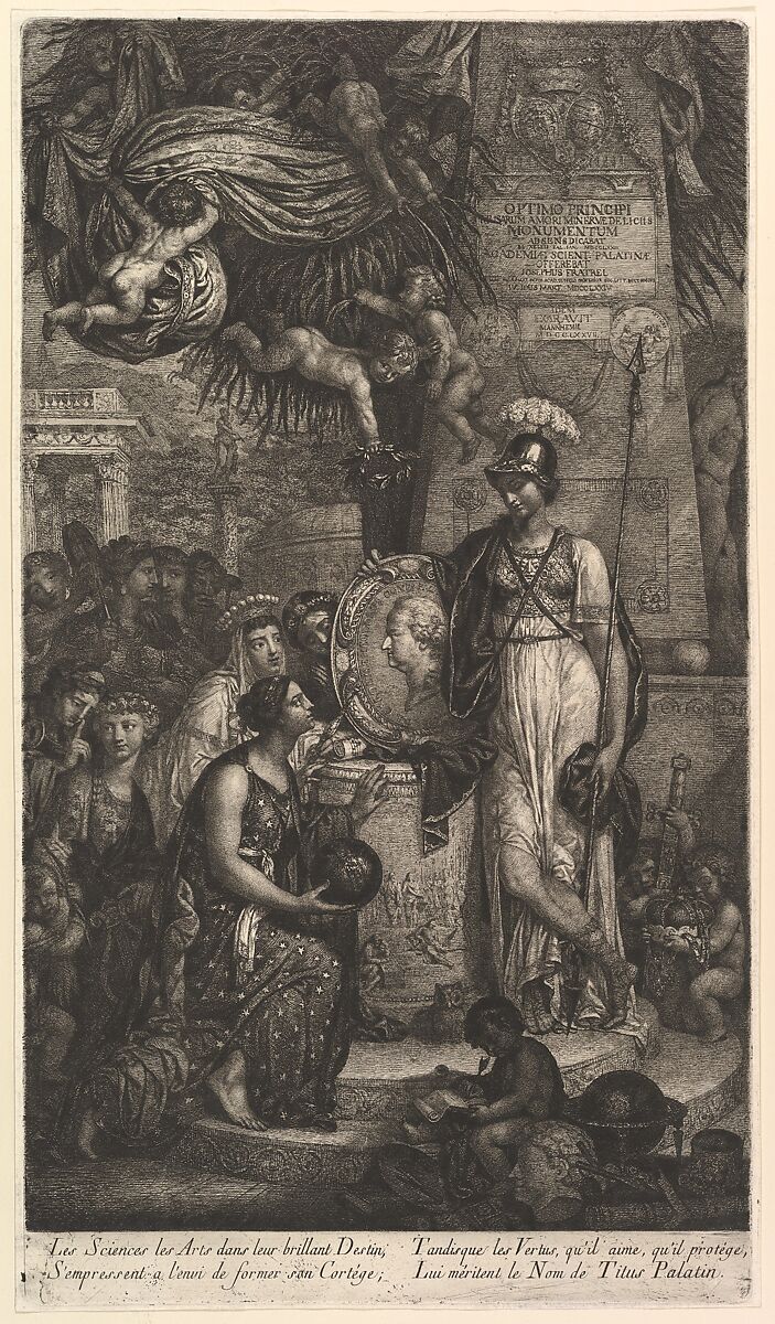 The Arts and Sciences Honoring Their Protector Charles-Theodore, Count Palatine, Joseph Fratrel (French, Epinal 1730–1783 Mannheim), Etching; first state 