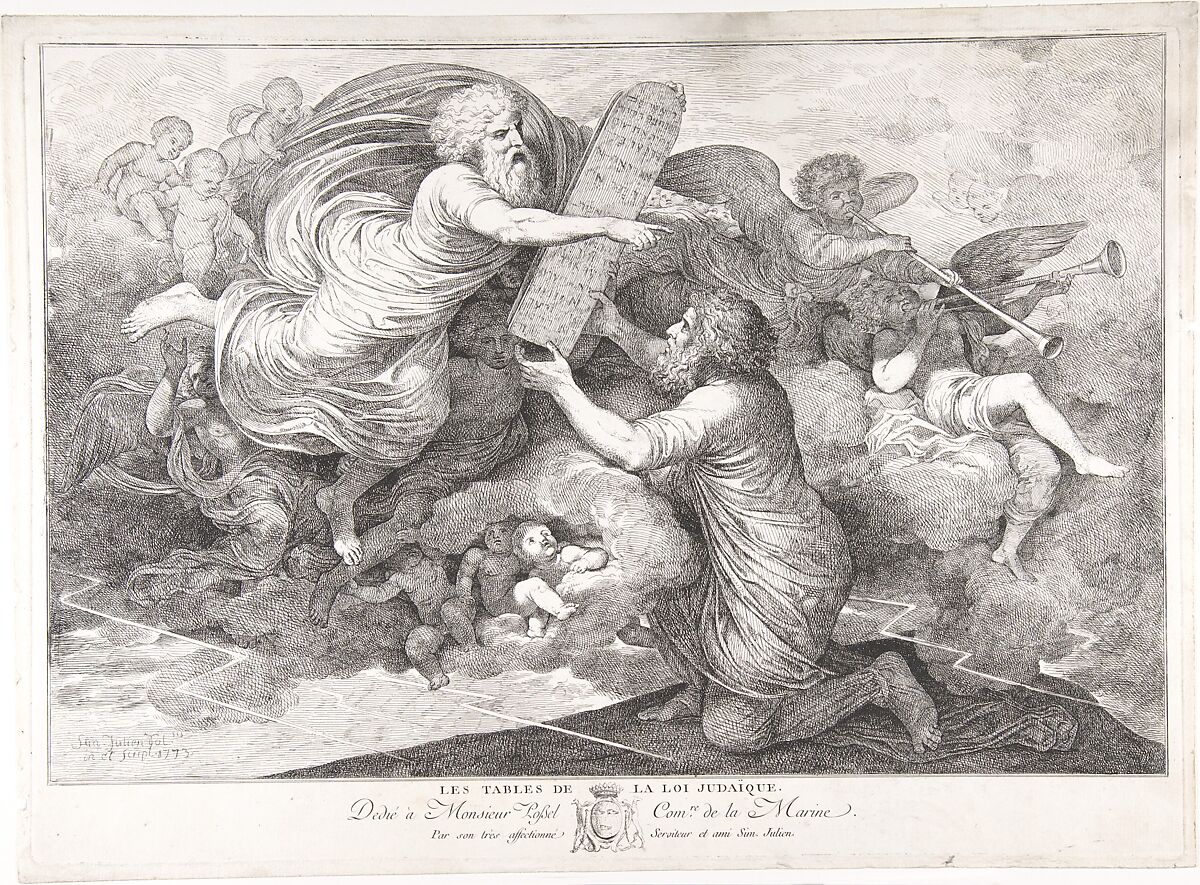 Moses on Sinai (Le tables de Loi judaique), Simon Julien (French, Toulon 1735–1800 Paris), Etching 