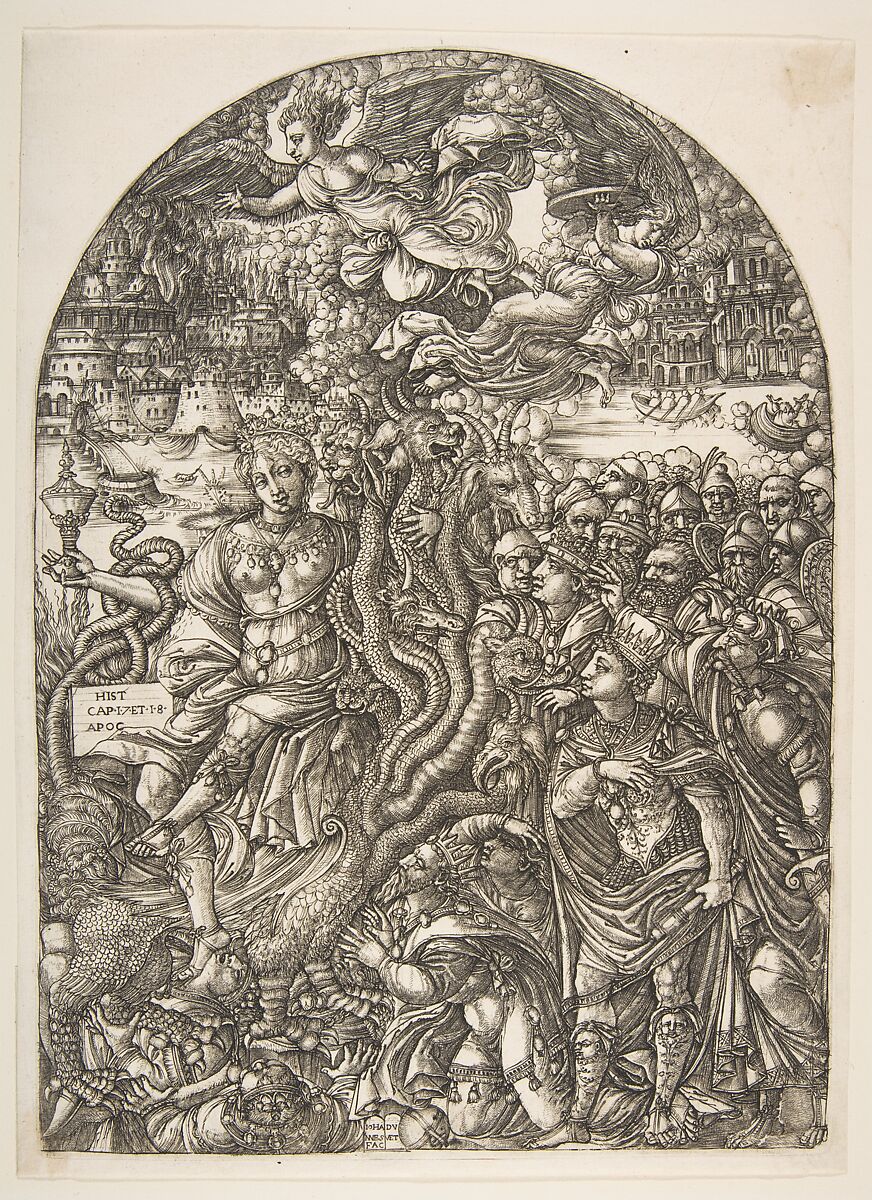 The Babylon Harlot seated on the Seven-Headed Beast, from the Apocalypse, Jean Duvet (French, ca. 1485–after 1561), Engraving 