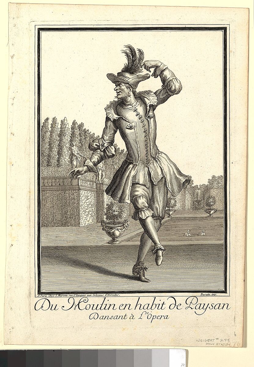 Du Moulin in Peasant Garb Dancing at the Opera, Jean Berain (French, Saint-Mihiel 1640–1711 Paris), Etching and engraving