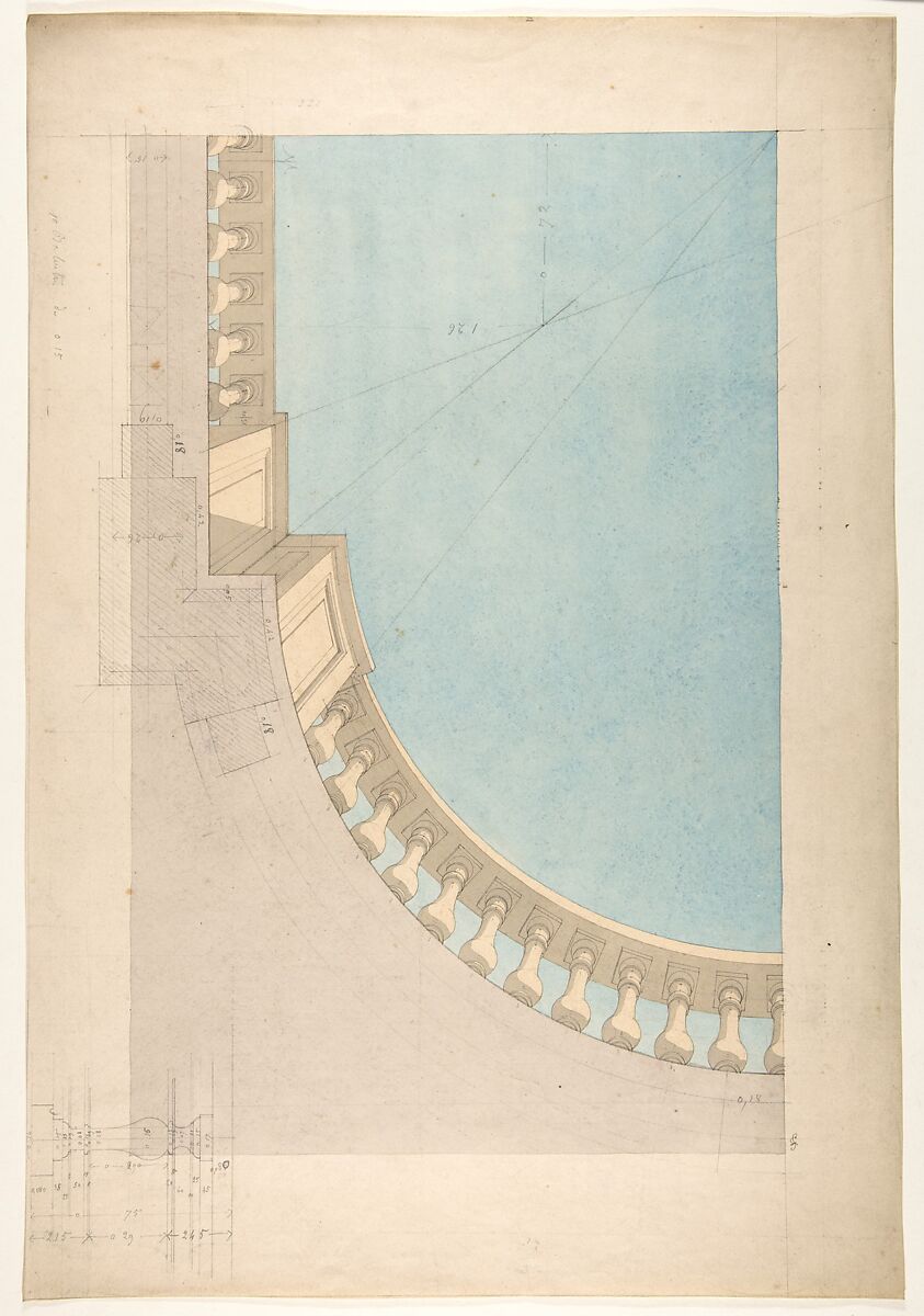 Perspectival study for one quadrant of a ceiling design including a trompe l'oeil balustrade, Jules-Edmond-Charles Lachaise (French, died 1897), graphite, pen and ink, and watercolor on wove paper 