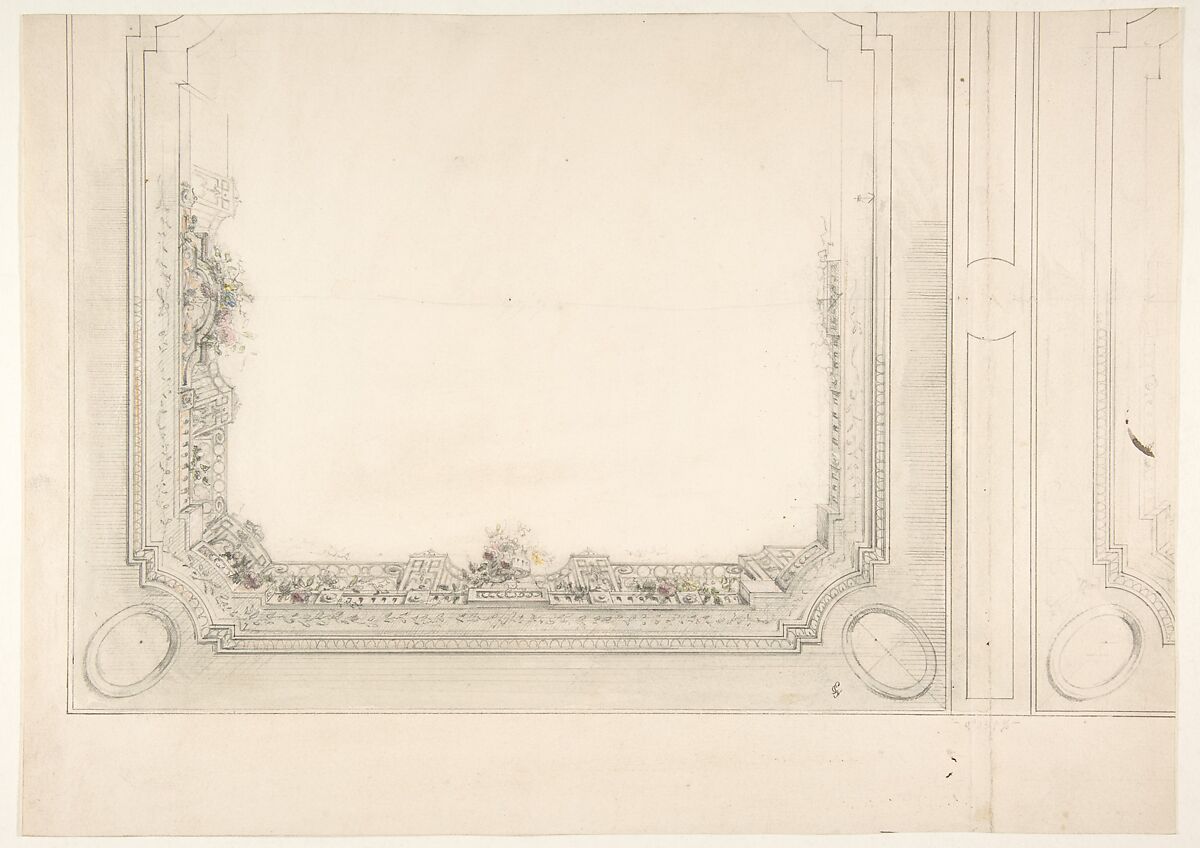 Partial design for a ceiling to be painted with a trompe l'oeil iron railing and roses, Jules-Edmond-Charles Lachaise (French, died 1897), graphite and watercolor on wove paper 