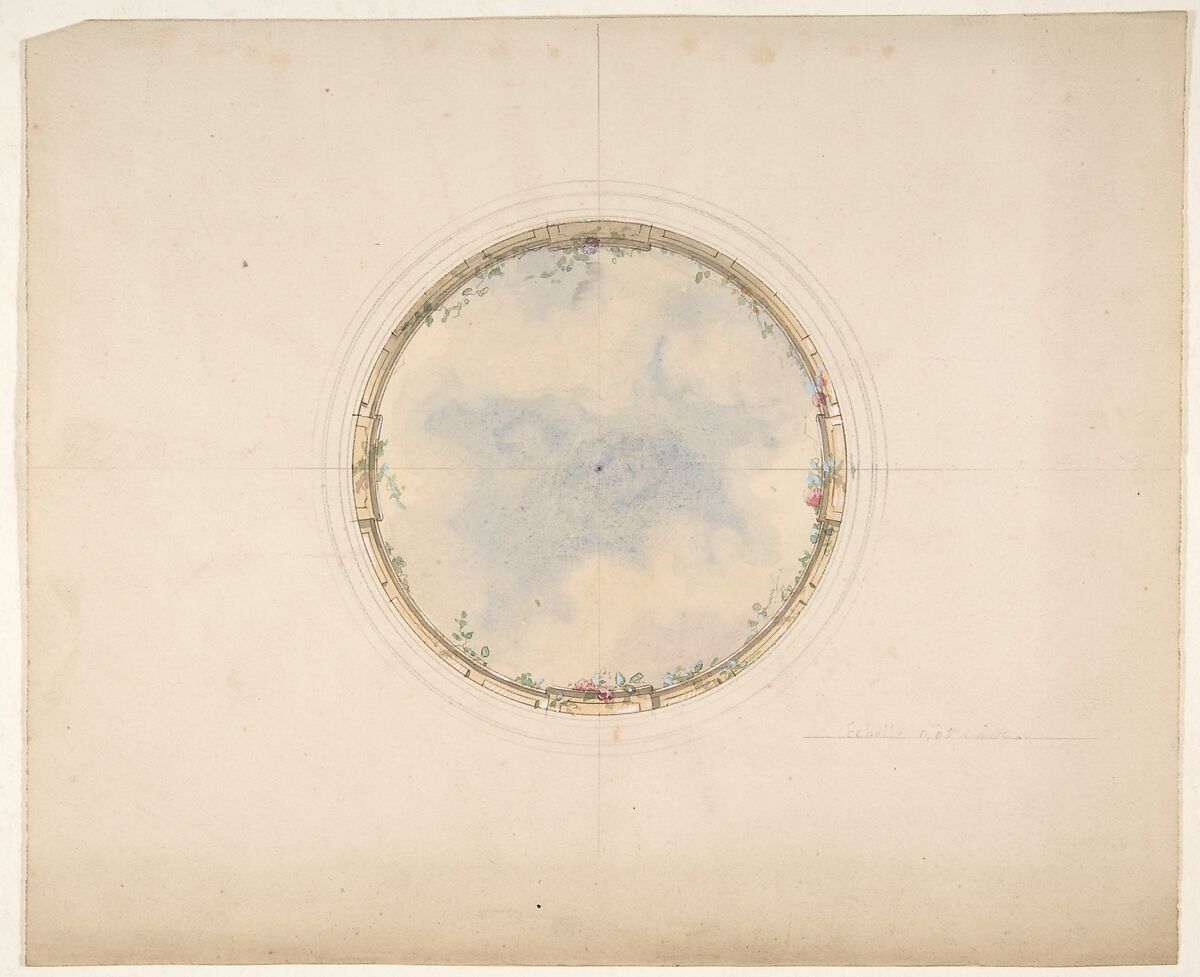 A Circular ceiling design with clouds and roses, Jules-Edmond-Charles Lachaise (French, died 1897), graphite, pen and ink, and watercolor on wove paper 