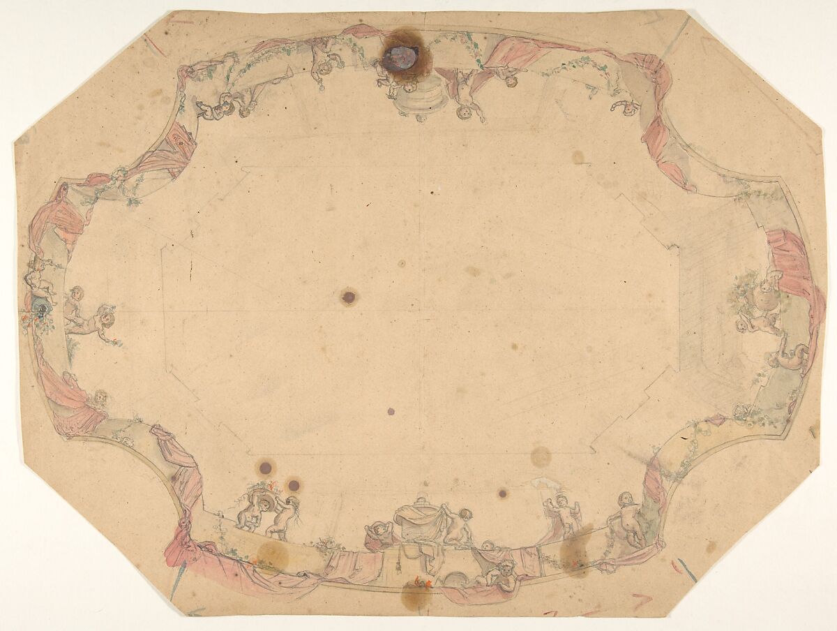Design for a ceiling painted with putti, garlands, and swags, Jules-Edmond-Charles Lachaise (French, died 1897), graphite and watercolor on wove paper 
