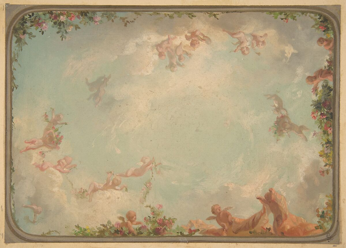 Design for a ceiling painted with putti in clouds with roses, Jules-Edmond-Charles Lachaise (French, died 1897), Oil on laid paper; mounted on wove paper 
