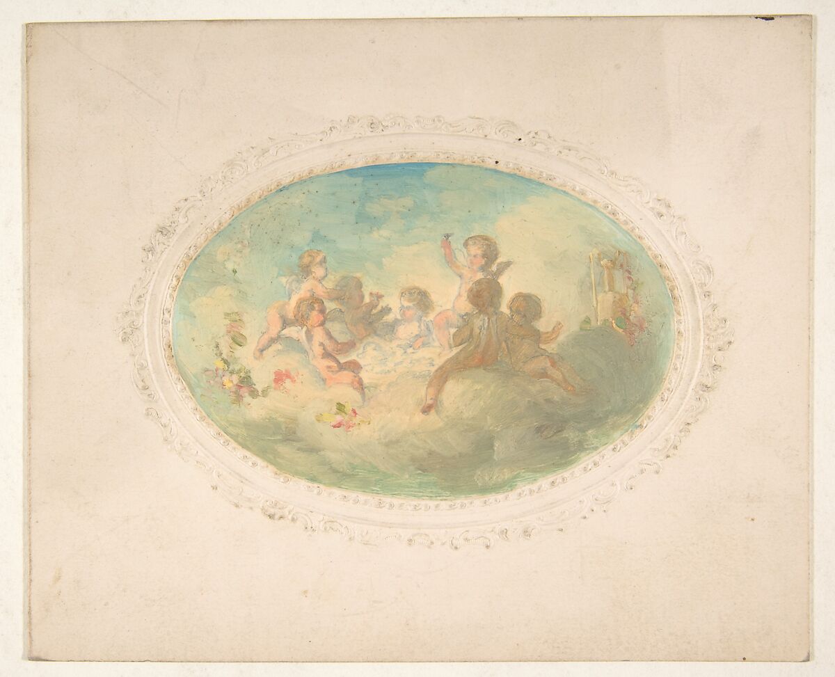 Winged putti at a banquet, Jules-Edmond-Charles Lachaise (French, died 1897), Oil on embossed card 
