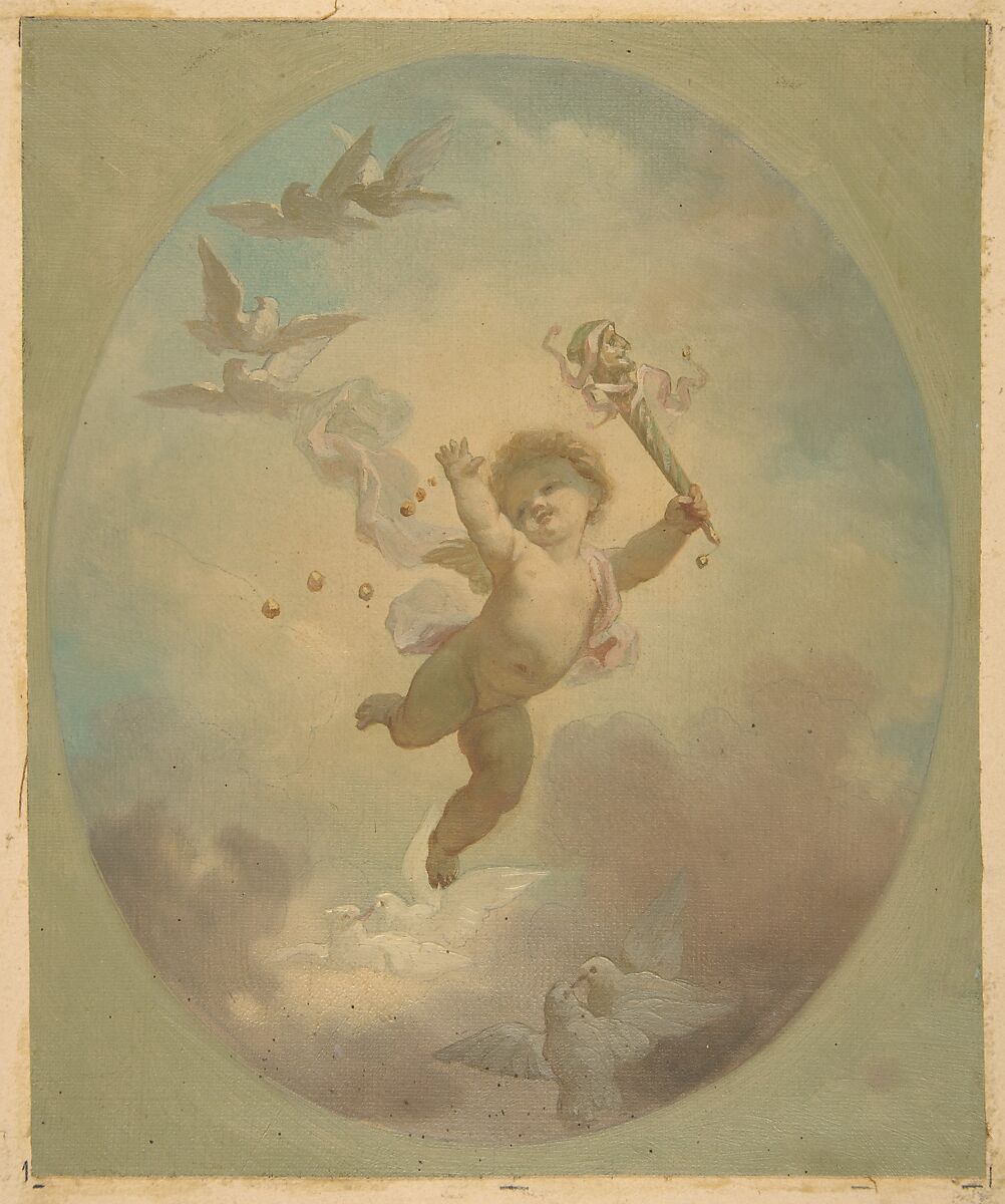 A winged putto and turtle doves, Jules-Edmond-Charles Lachaise (French, died 1897), Oil on canvas; mounted on wove paper 