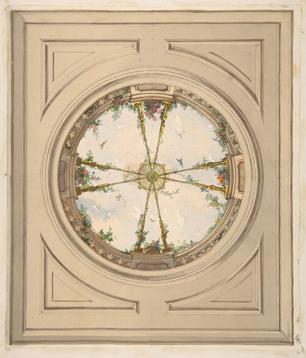 Design for a ceiling painted with clouds and trellis work, Jules-Edmond-Charles Lachaise (French, died 1897), graphite, pen and ink, and watercolor on wove paper; mounted on wove paper 