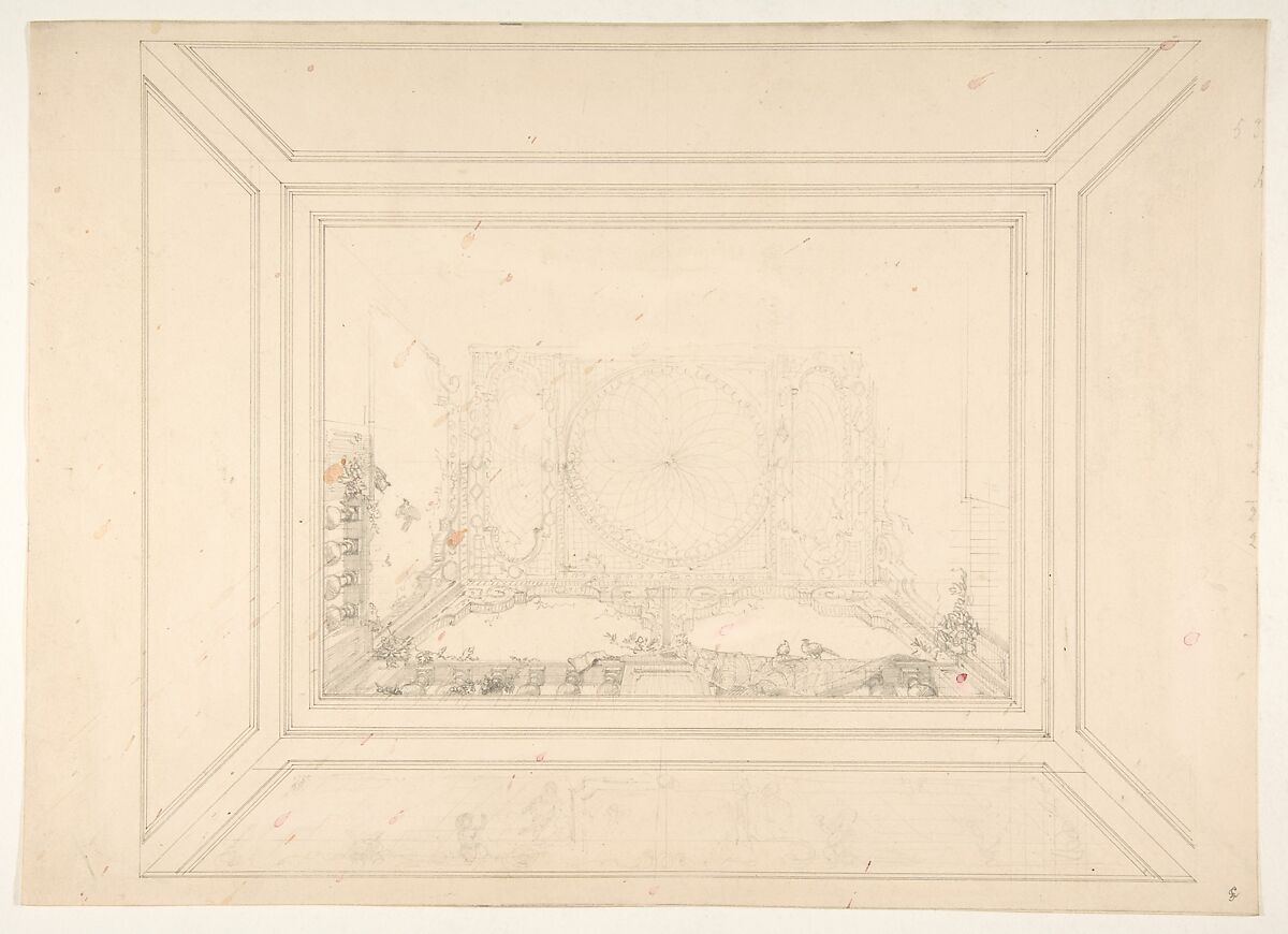 Design for a ceiling decorated with trellis work and a trompe l'oeil balustrade, Jules-Edmond-Charles Lachaise (French, died 1897), Graphite on wove paper 