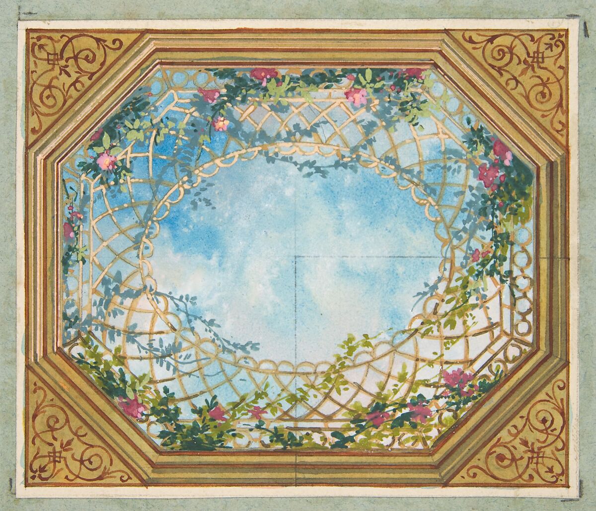 Design for a ceiling painted with clouds, trellises, and roses, Jules-Edmond-Charles Lachaise (French, died 1897), graphite, watercolor, and gouache on wove paper; mounted on blue wove paper 