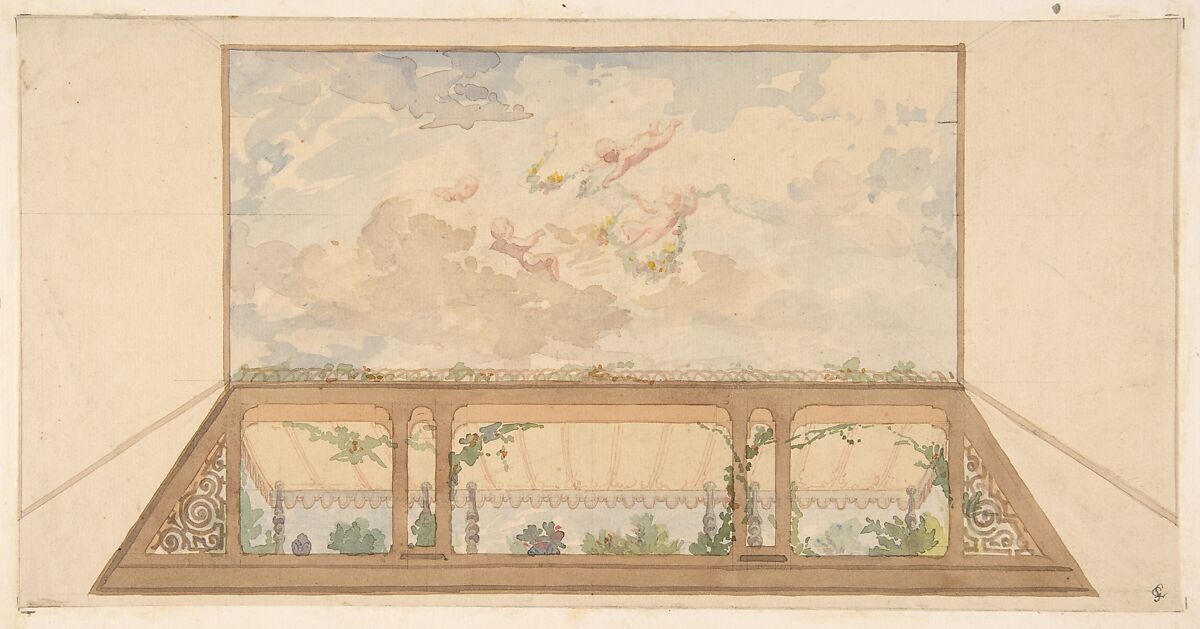 Design for a ceiling painted with a trompe l'oeil awning and putti in clouds, Jules-Edmond-Charles Lachaise (French, died 1897), graphite and watercolor on laid paper; mounted on laid paper 