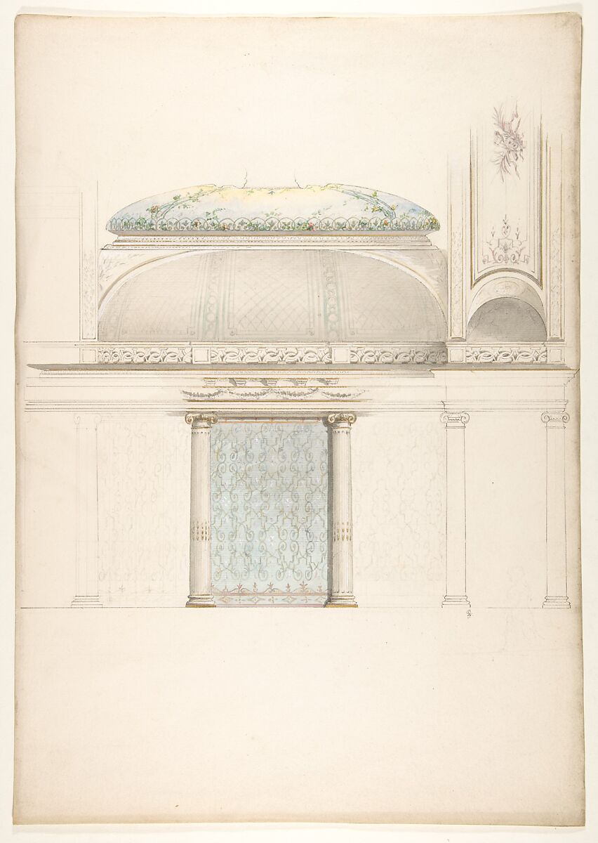 Elevation and transverse section of a domed and colonnaded hall, Jules-Edmond-Charles Lachaise (French, died 1897), graphite, watercolor, and gold paint 