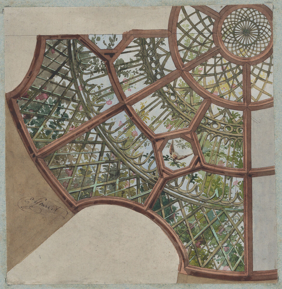 Design for a ceiling with lattice work and flowering vines, Jules-Edmond-Charles Lachaise (French, died 1897), Graphite, pen and ink, and watercolor on laid paper; mounted on blue wove paper 