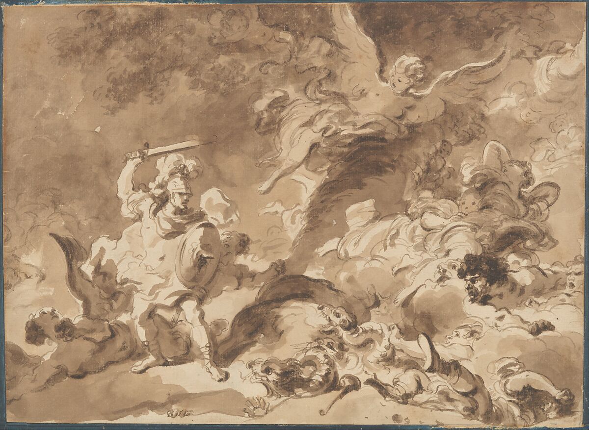 Rinaldo in the Enchanted Forest, Jean Honoré Fragonard (French, Grasse 1732–1806 Paris), Brown wash over very light black chalk underdrawing 