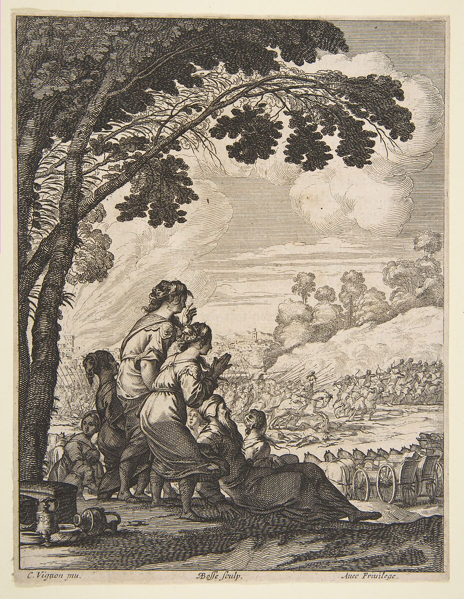 Illustration from "L'Ariane" by Desmarets de Saint-Sorlin; Palamede on Horseback Confronts His Enemies while Searching for Epicharis, Abraham Bosse (French, Tours 1602/04–1676 Paris), Etching 