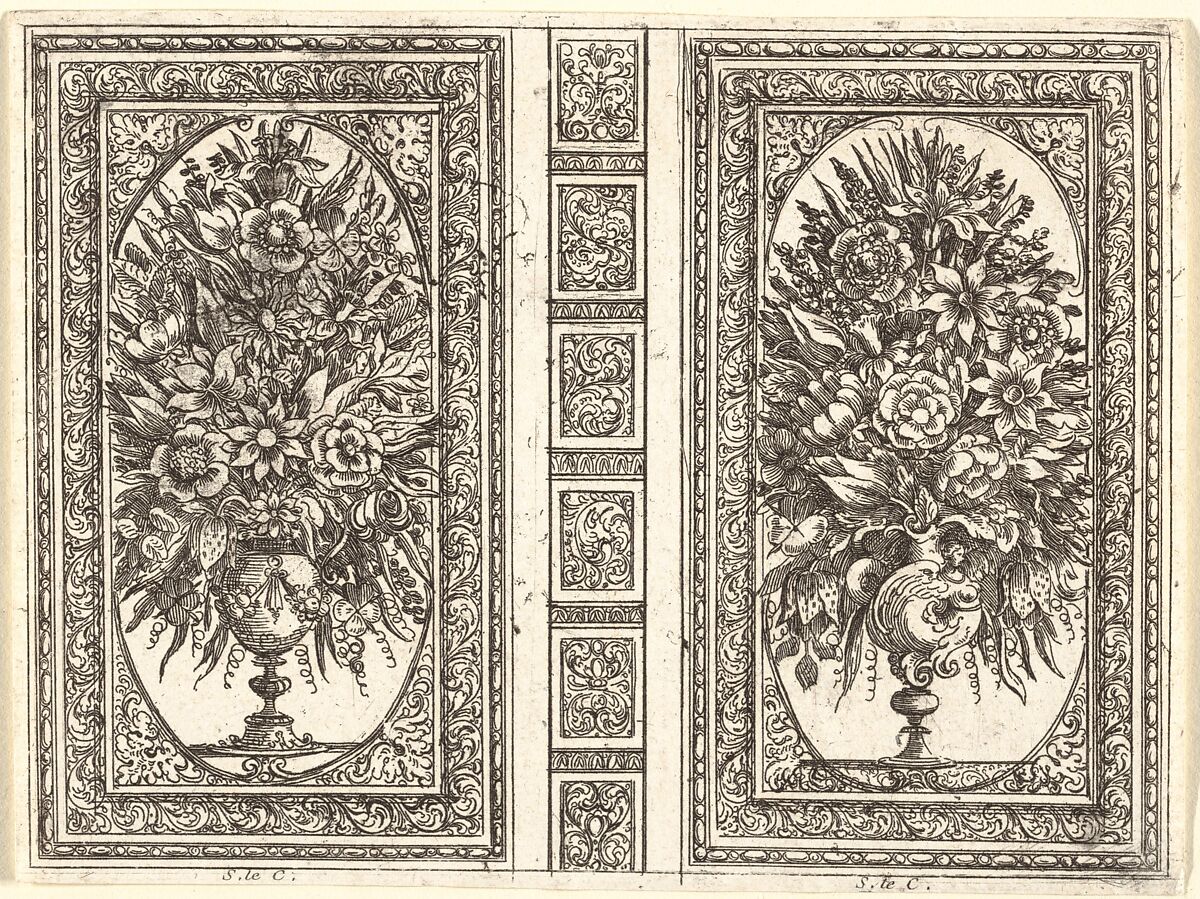 Book Cover (Two Flower Vases), Sébastien Leclerc I (French, Metz 1637–1714 Paris), Etching; second state of two 