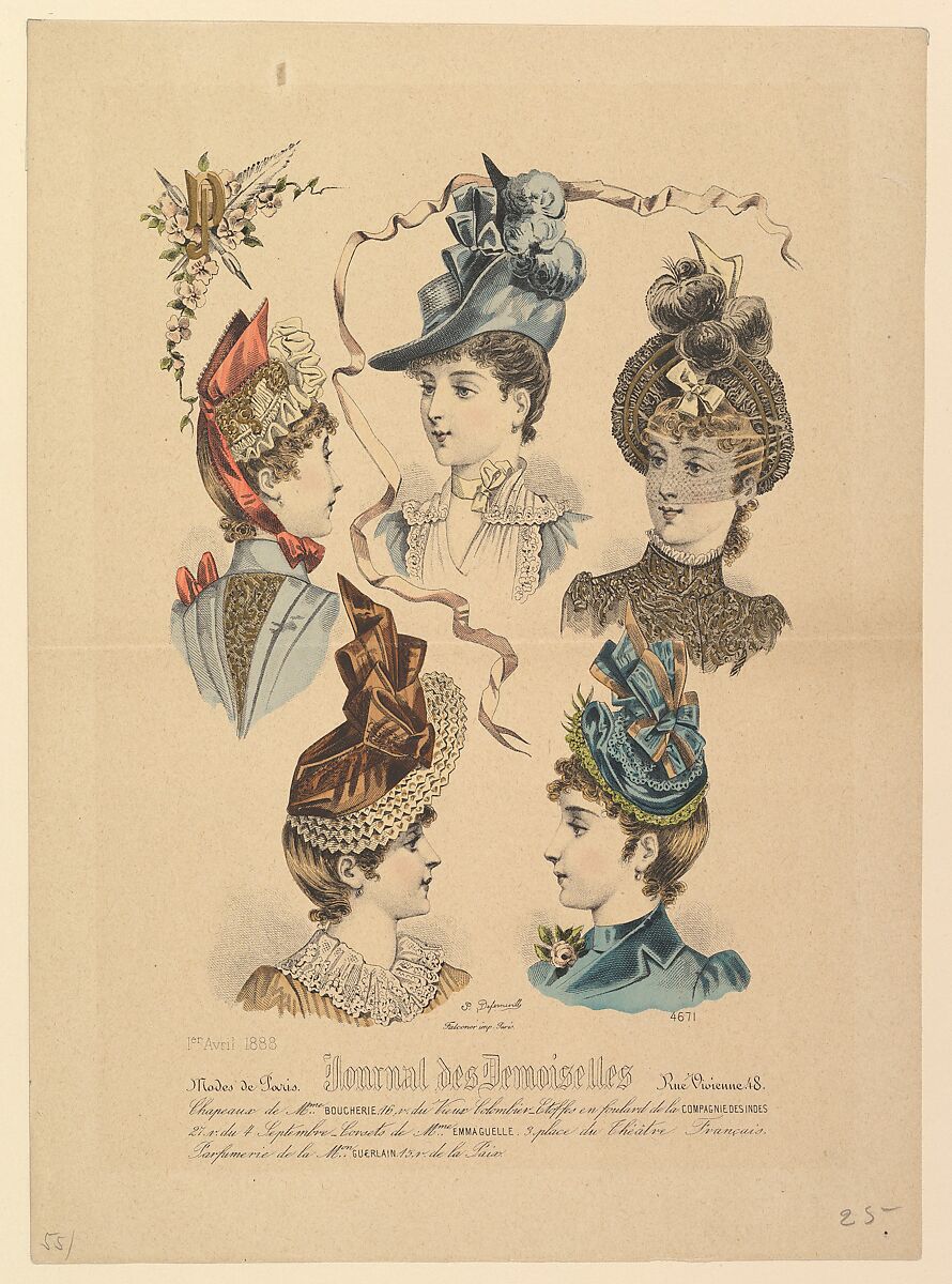 Ladies' Hats, No. 4671, from Journal des Demoiselles, Paul Deferneville (French, active 19th century), Steel engraving with hand coloring and gilt 