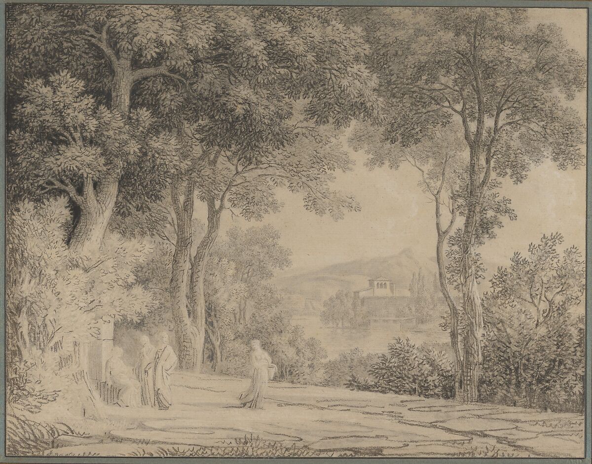 Classical Landscape with Women at a Fountain, Pierre Henri de Valenciennes (French, Toulouse 1750–1819 Paris), Conté crayon, black chalk, stumping, heightened with white chalk on beige paper 