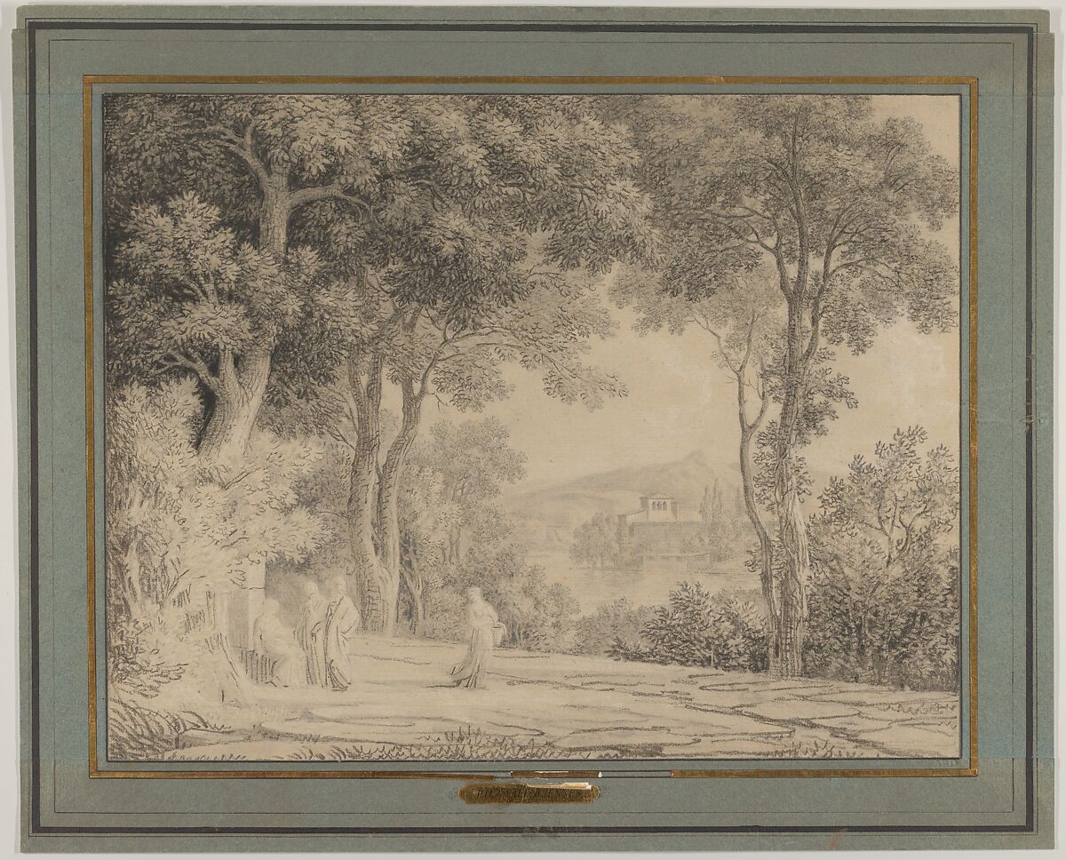 Classical Landscape with Women at a Fountain, Pierre Henri de Valenciennes (French, Toulouse 1750–1819 Paris), Conté crayon, black chalk, stumping, heightened with white chalk on beige paper