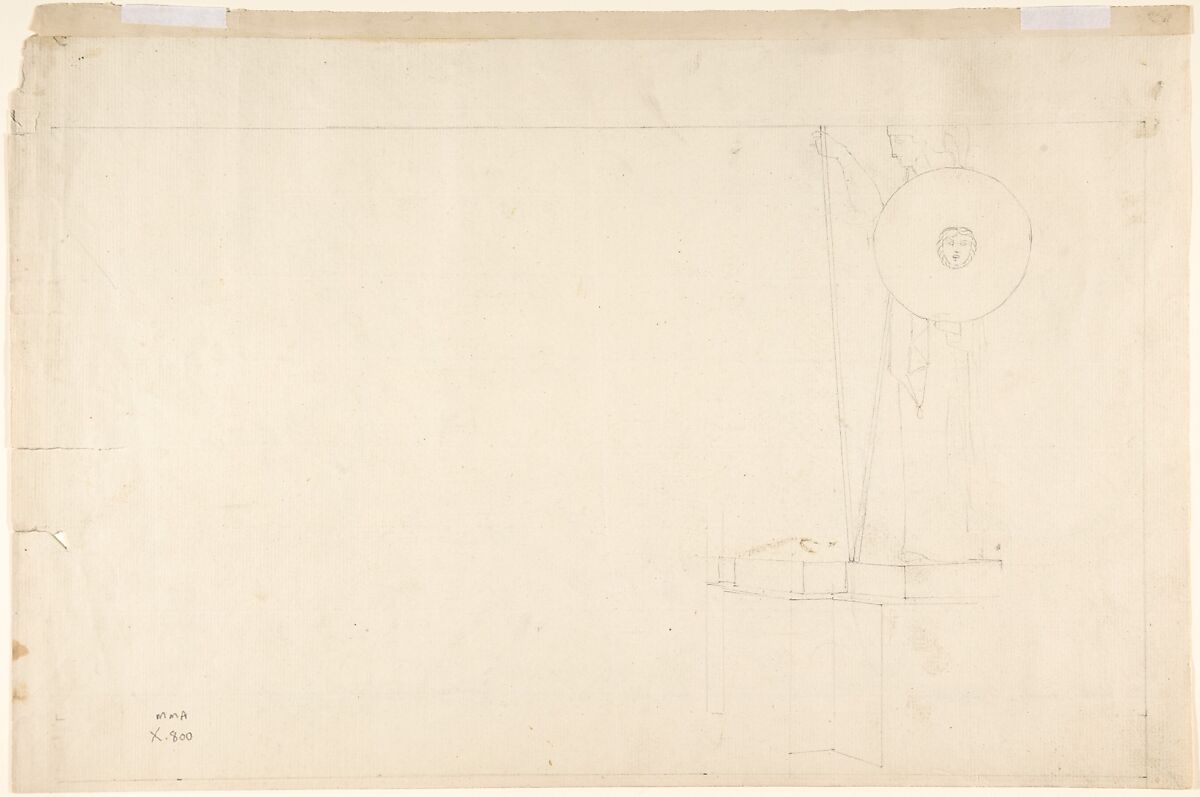 Composition from the "Tragedies of Aeschylus," plate 17 (recto); Goddess statue from "The Suppliants," plate 7 (verso), After John Flaxman (British, York 1755–1826 London), Graphite