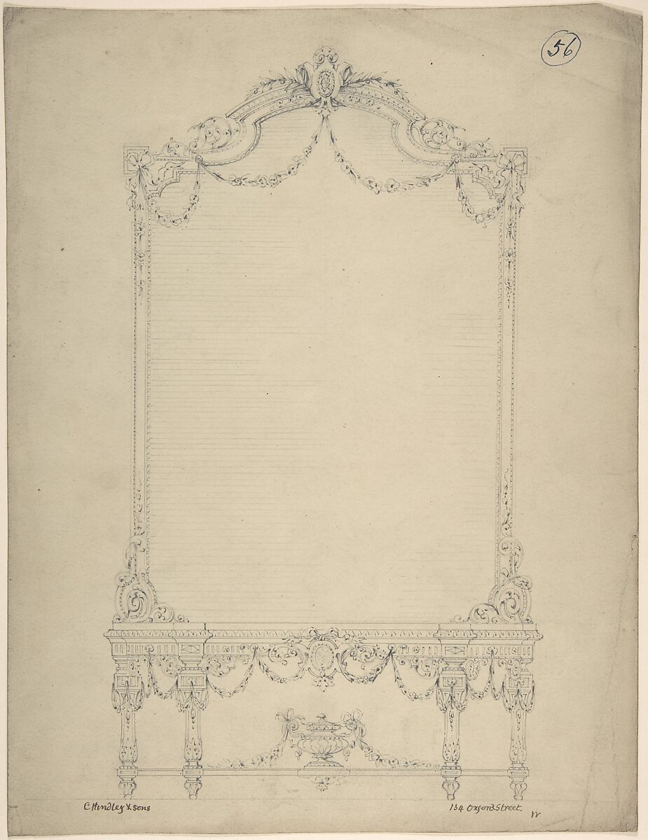 Design for a Rectangular Mirror over a Side Table, Charles Hindley and Sons (British, London 1841–1917 London), Graphite 