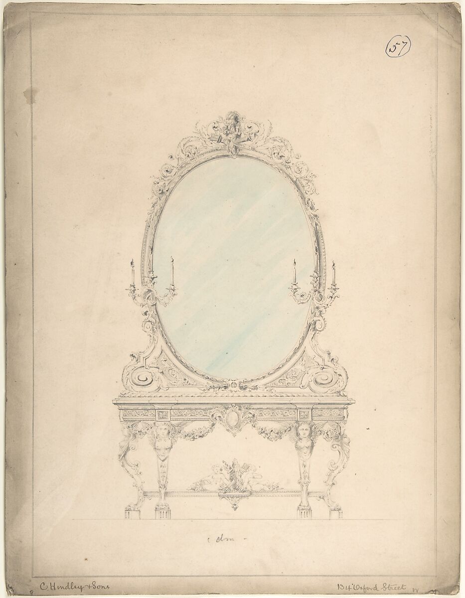 Design for an Oval Mirror over a Side Table, Charles Hindley and Sons (British, London 1841–1917 London), Brush and watercolor over graphite 