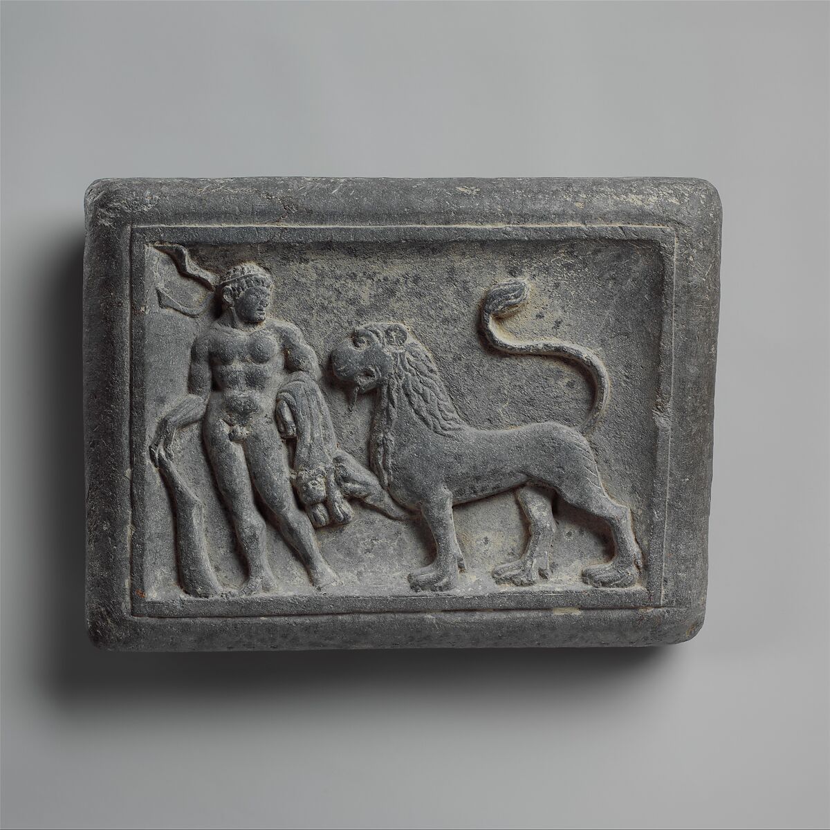 Wrestler's Weight with Hercules and the Nemean Lion; Wrestling Scene (reverse), Schist, Pakistan (ancient region of Gandhara) 