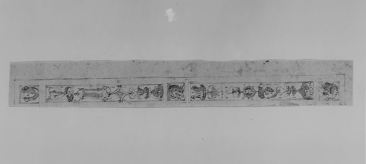 Design for a Pilaster with Two Candelabra Grotesques and Three Masks, Giuseppe Salviati (Giuseppe Porta, called Il Salviati) (Italian, Castelnuovo di Garfagnana ca. 1520–ca. 1575 Venice), Pen and brown ink, brush and brown wash