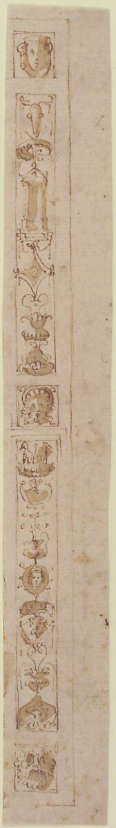 Design for a Pilaster with Two Candelabra Grotesques and Three Masks, Giuseppe Salviati (Giuseppe Porta, called Il Salviati) (Italian, Castelnuovo di Garfagnana ca. 1520–ca. 1575 Venice), Pen and brown ink, brush and brown wash
