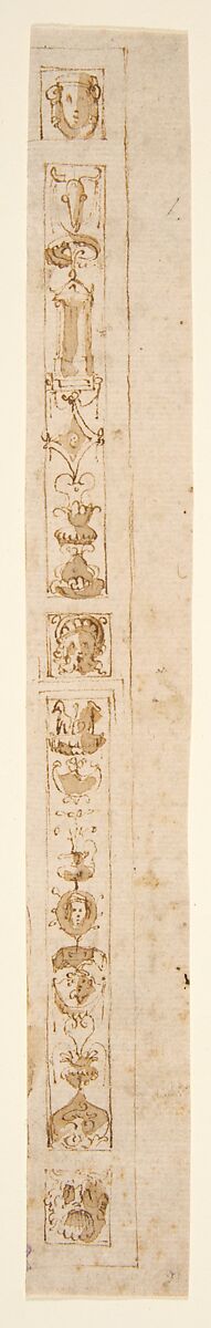 Design for a Pilaster with Two Candelabra Grotesques and Three Masks, Giuseppe Salviati (Giuseppe Porta, called Il Salviati) (Italian, Castelnuovo di Garfagnana ca. 1520–ca. 1575 Venice), Pen and brown ink, brush and brown wash 