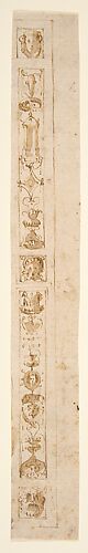 Design for a Pilaster with Two Candelabra Grotesques and Three Masks