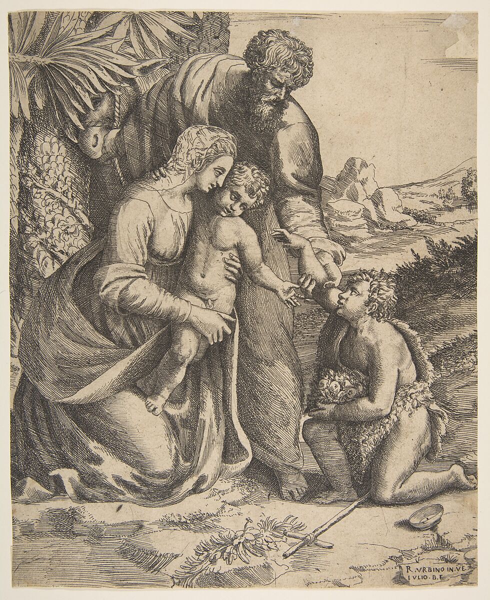 Holy Family with Saint John the Baptist who kneels at the right, Giulio Bonasone (Italian, active Rome and Bologna, 1531–after 1576), Engraving and etching 