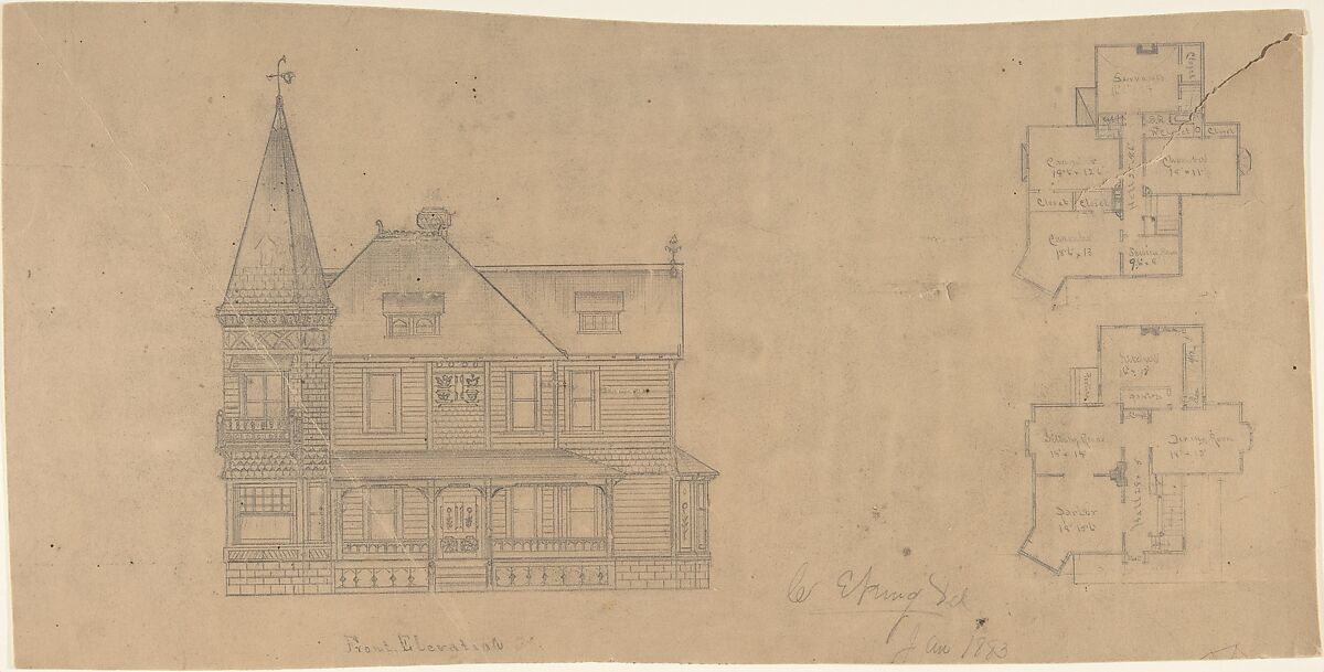 Design for a House, Front Elevation and Plans, W. Strong (British, 19th century), Graphite 