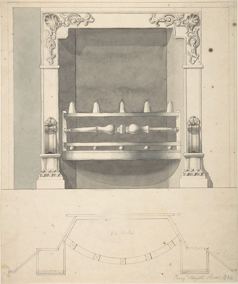 Design for a Cast-iron Hob Grate in Ormolu, Benjamin Dean Wyatt (British, London 1775–1850 Camden Town), Pen and ink, brush and wash, yellow watercolor 