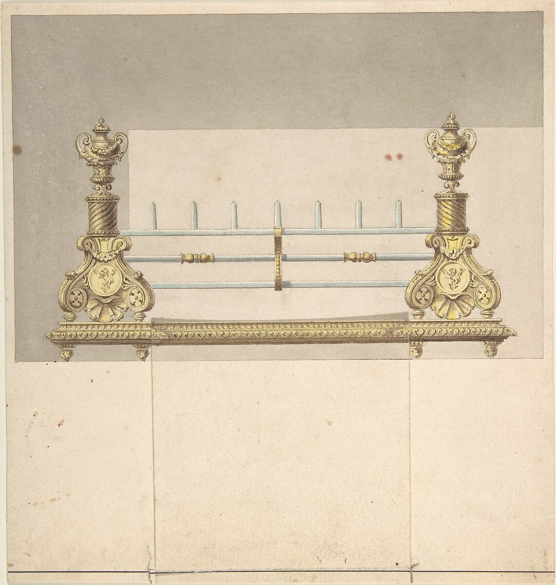 Design for Cast-iron Grate with Green Metal Surround, Benjamin Dean Wyatt (British, London 1775–1850 Camden Town), Pen and ink, brush and wash, watercolor 