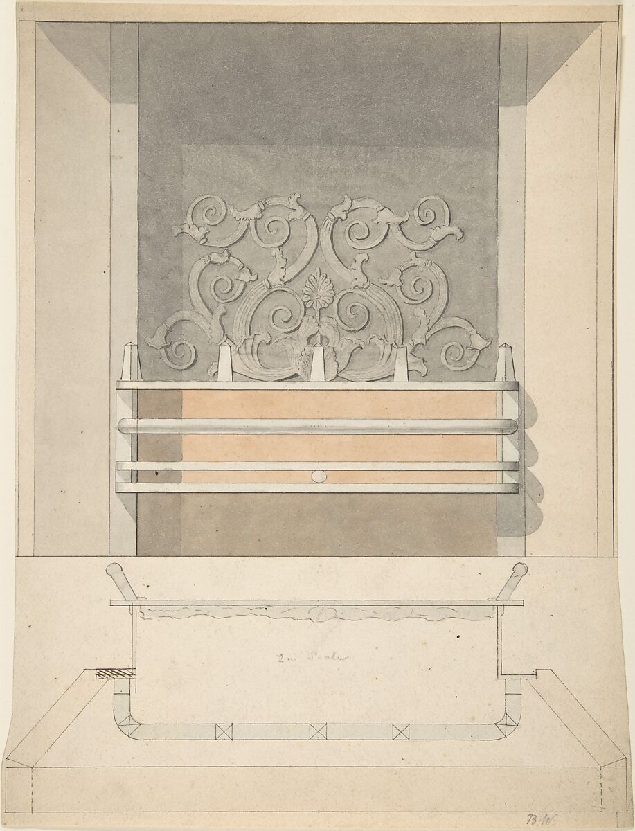 Design for Cast-iron Grate with Green Metal Surround, Benjamin Dean Wyatt (British, London 1775–1850 Camden Town), Pen and ink, brush and wash, watercolor 