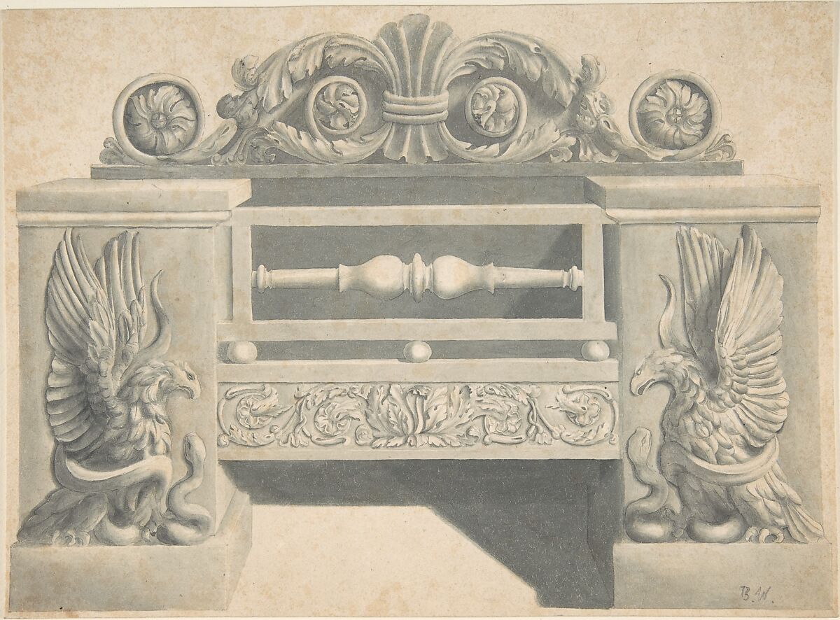 Design for Cast-iron Grate in Rococo Style with Putti Fire Dogs, Benjamin Dean Wyatt (British, London 1775–1850 Camden Town), Pen and ink, brush and gray and light brown wash 