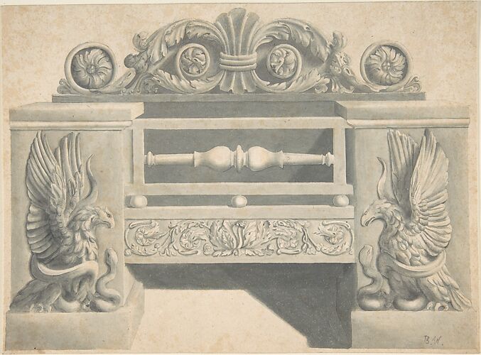 Design for Cast-iron Grate in Rococo Style with Putti Fire Dogs