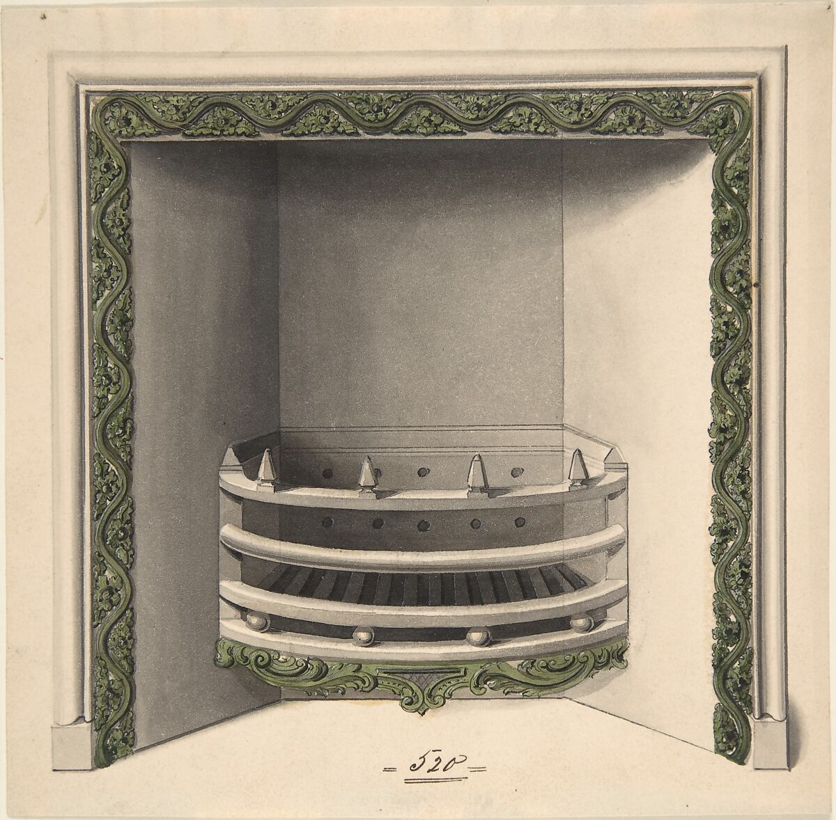 Design for Cast-iron Grate, Elevation and Plan, Benjamin Dean Wyatt (British, London 1775–1850 Camden Town), Pen and ink, brush and gray and pale brown wash 