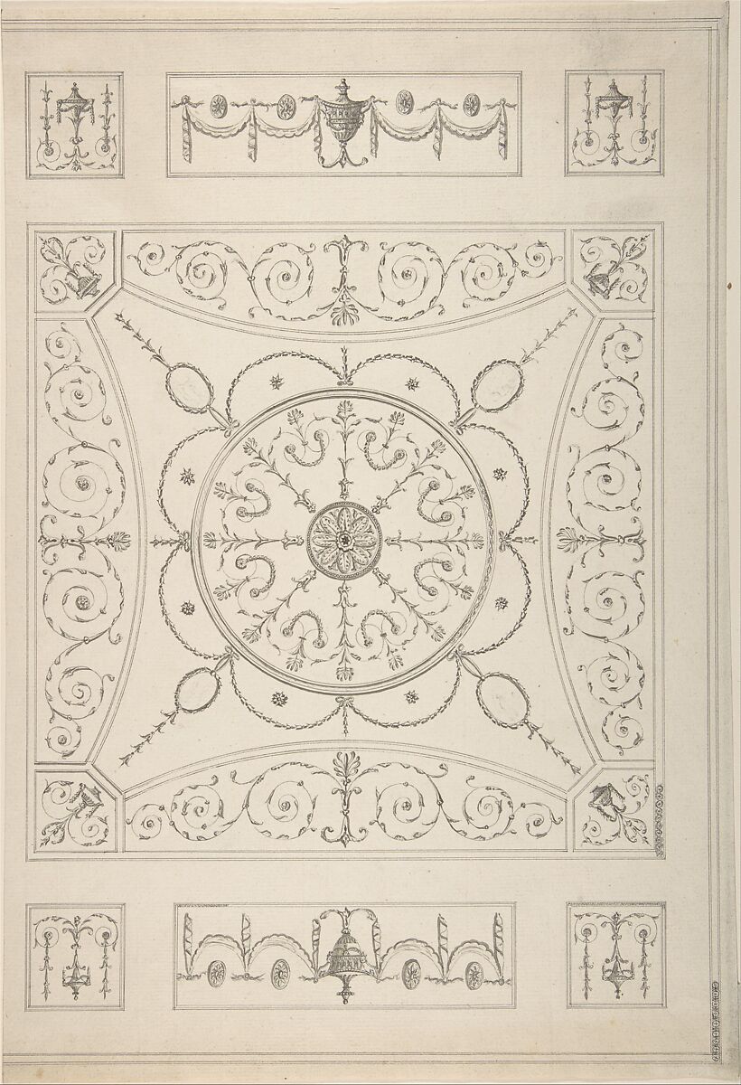 Design for an Oblong Ceiling with an Oval Centre, Attributed to James Wyatt (British, Weeford, Staffordshire 1746–1813 near Marlborough, Wiltshire), Pen and ink 